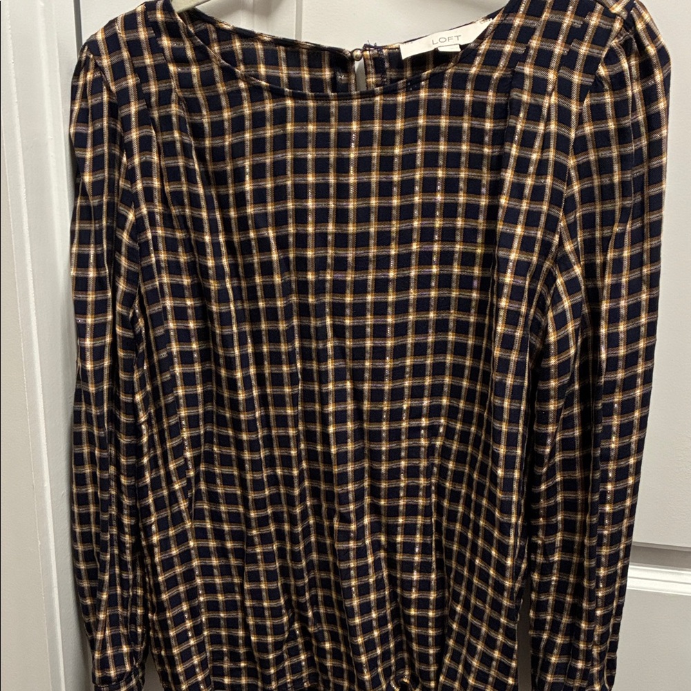 LOFT Navy and Beige Checkered Top